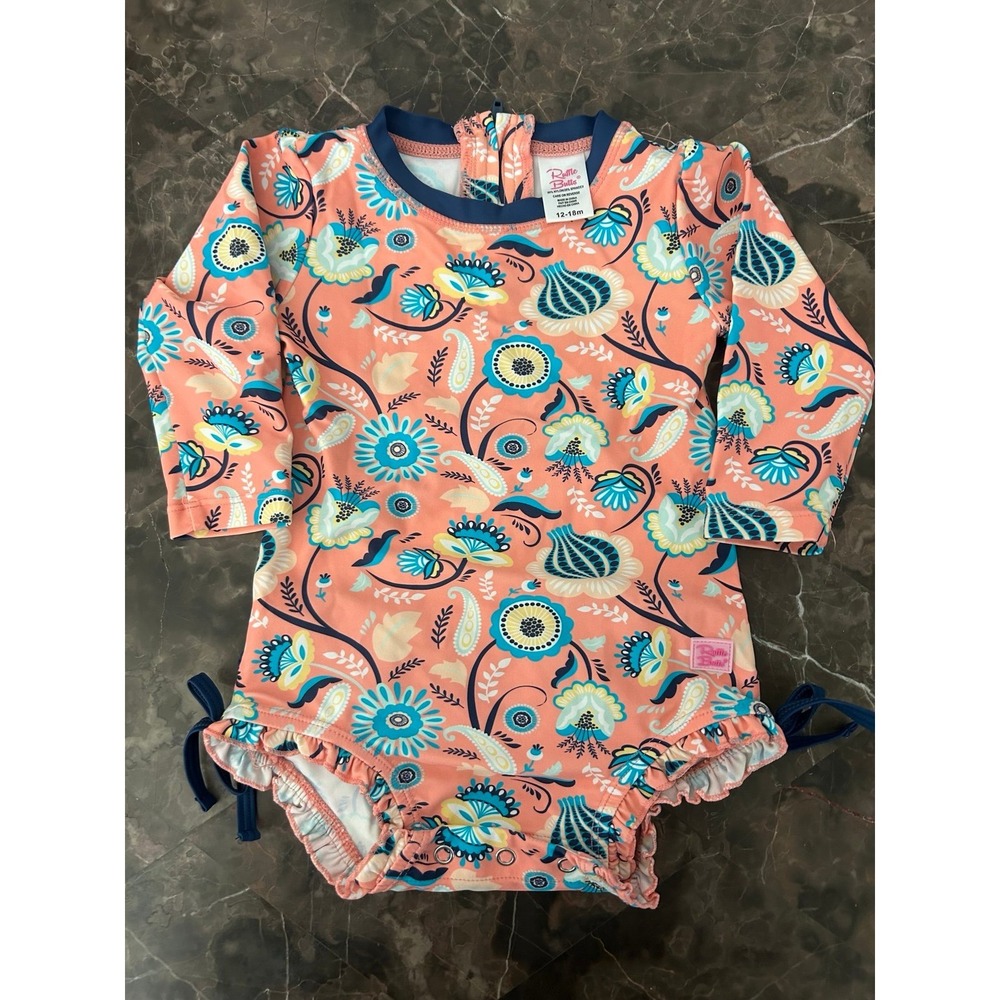 Ruffle Butts Bright Orange & Navy Floral Swimsuit Long Sleeve Rash Guard 12-18M
